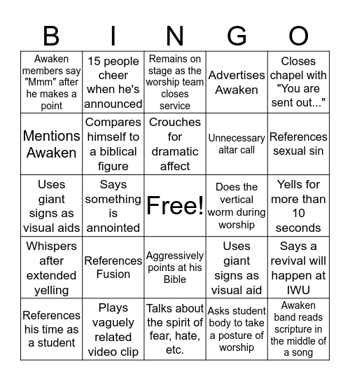 Awaken Ministries Guy Chapel Bingo Card