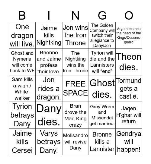 Game of Thrones: Final Season Bingo Card