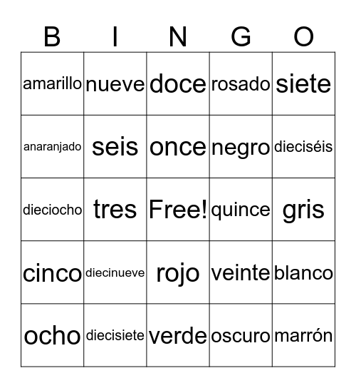 Numeros y Colores Bingo Card