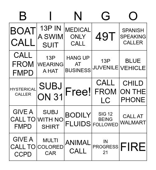 CALLTAKING BINGO  Bingo Card