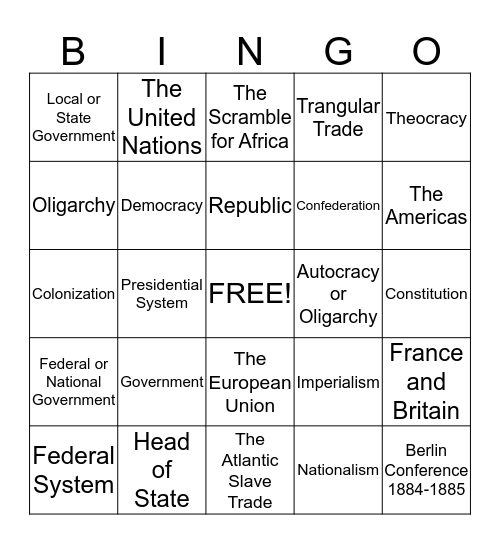 Government and History Review Bingo Card