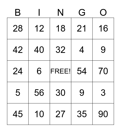 Tafeltjes Bingo Card