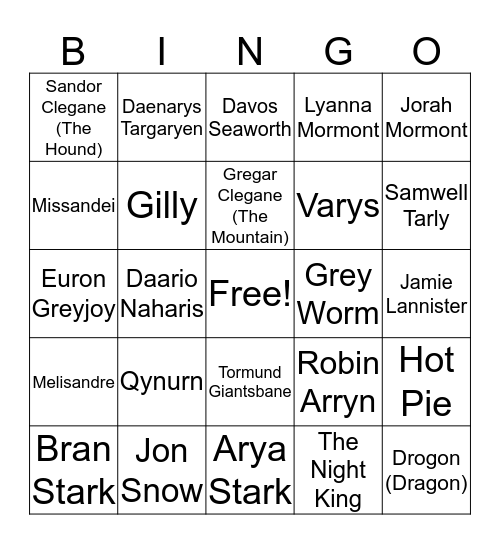 Game of Thrones BINGO Card