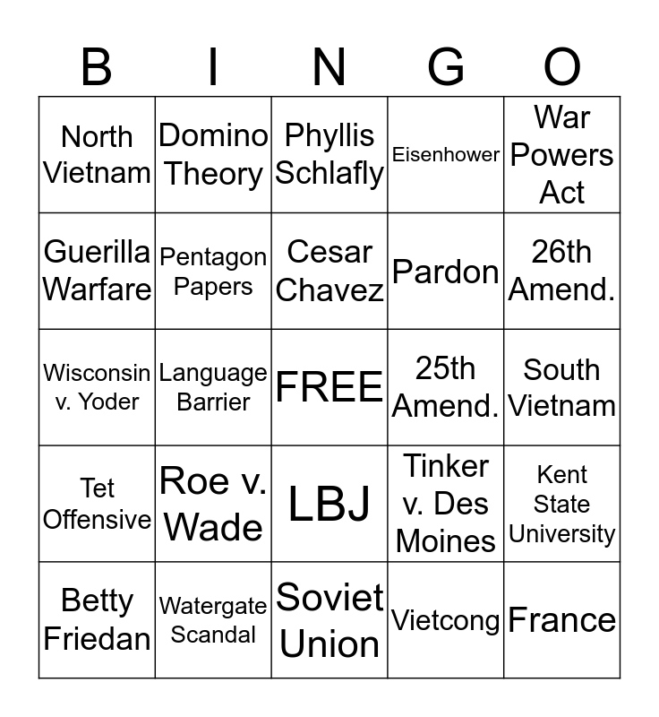 The Vietnam War And 1960s-1970s Bingo Card