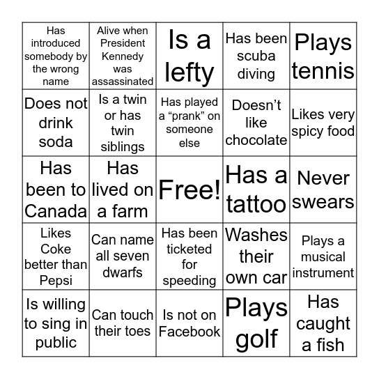 Bingo Trivia Bingo Card