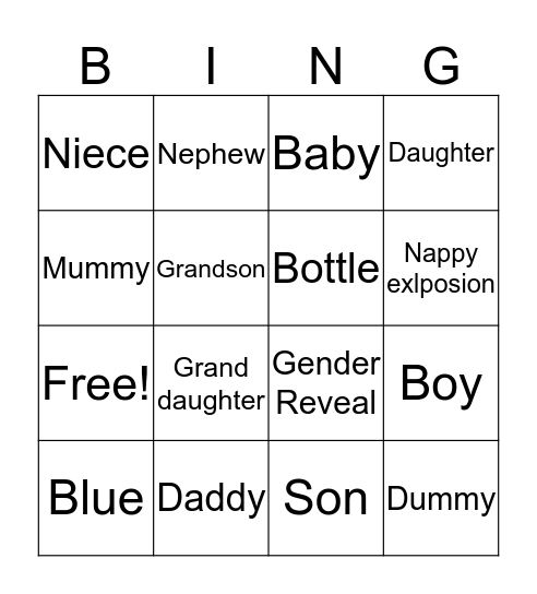 Gender Reveal Bingo Card