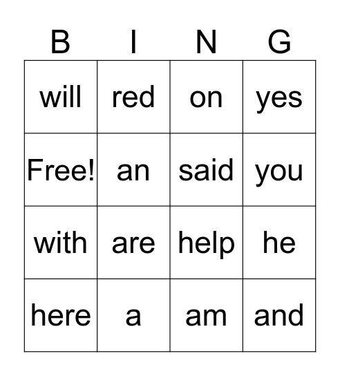 Sight Words Bingo Card