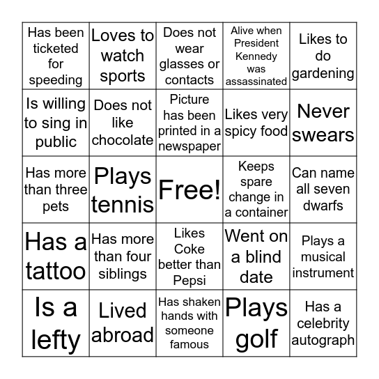 Bingo Trivia Bingo Card