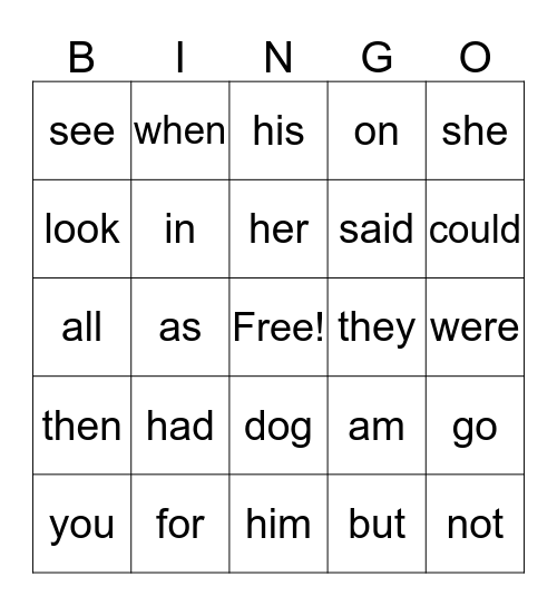 Sight word Bingo Card