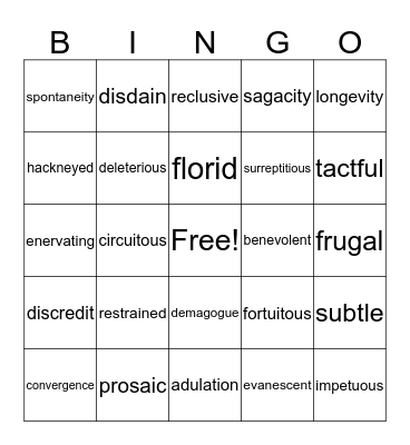 SAT Vocabulary Bingo Card