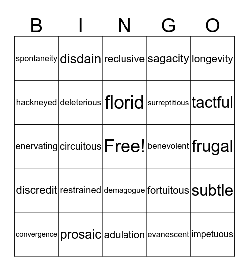 SAT Vocabulary Bingo Card