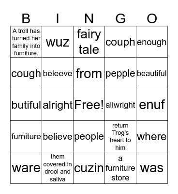 Alia and the Furniture troll/Misspelled words Bingo Card