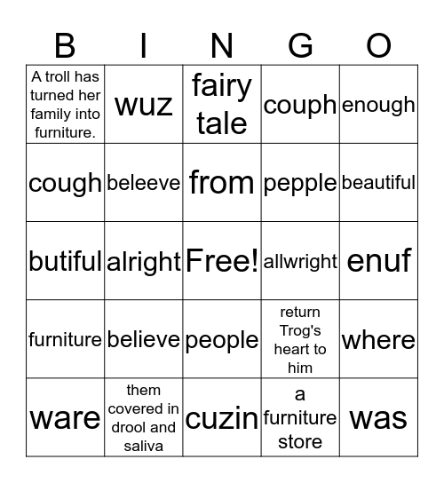 Alia and the Furniture troll/Misspelled words Bingo Card