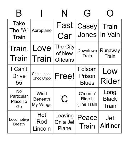 Planes Trains Autos Bingo Card