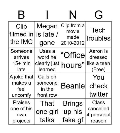 CA370 Bingo (Lecture) Bingo Card