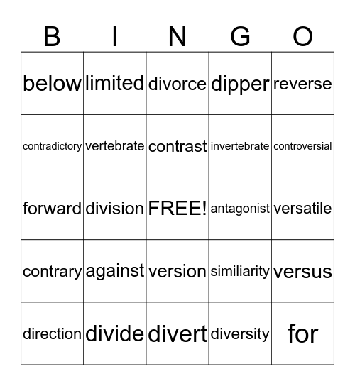 Vocabulary Lesson 10 Bingo Card