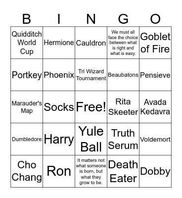 Harry Potter Goblet of Fire Bingo Card
