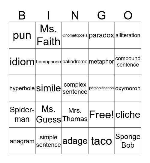 TCAP Review Bingo Card