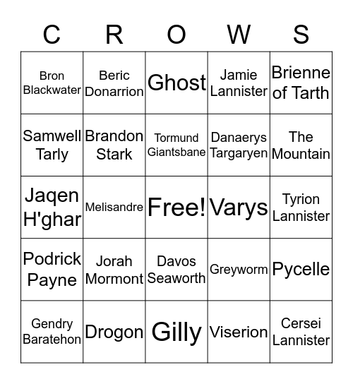 Game of Thrones Bingo Card