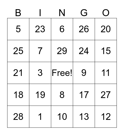 Numbers 1-30 Bingo Card