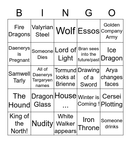 Drinking Game - Of Thrones Bingo Card