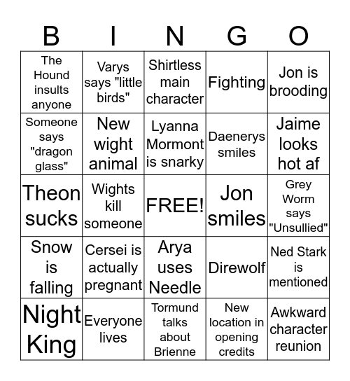 #ForTheThrone Bingo Card