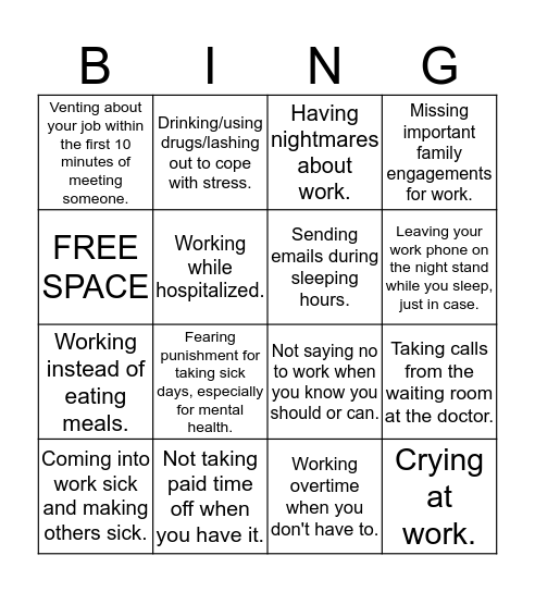 Bad Work-Life Balance Bingo Card