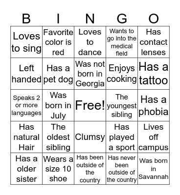 Getting to know you Bingo Card