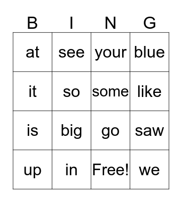 Sight Words Bingo Card