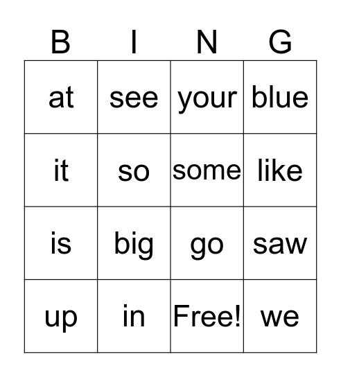 Sight Words Bingo Card