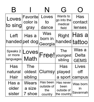 Getting to know you Bingo Card