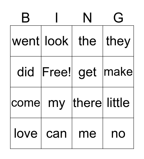Sight Words Bingo Card