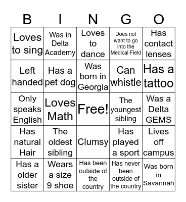 Getting to know you Bingo Card