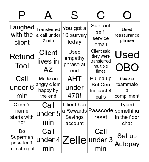 Pasco's Bingo Card