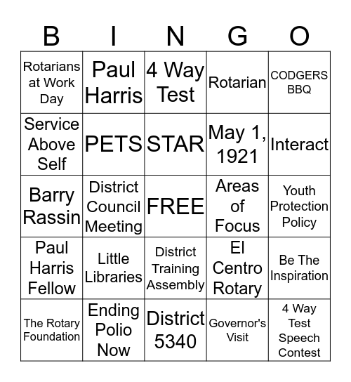 ROTARY BINGO Card