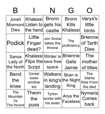 Game of Thrones  Bingo Card