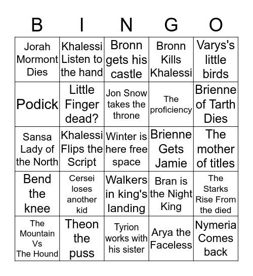 Game of Thrones  Bingo Card