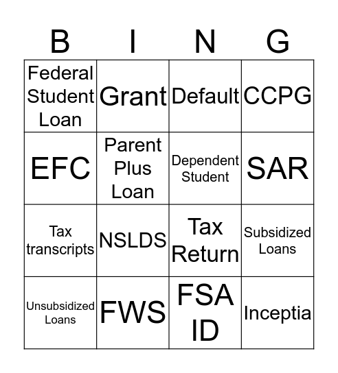 COS Financial Aid Bingo Card