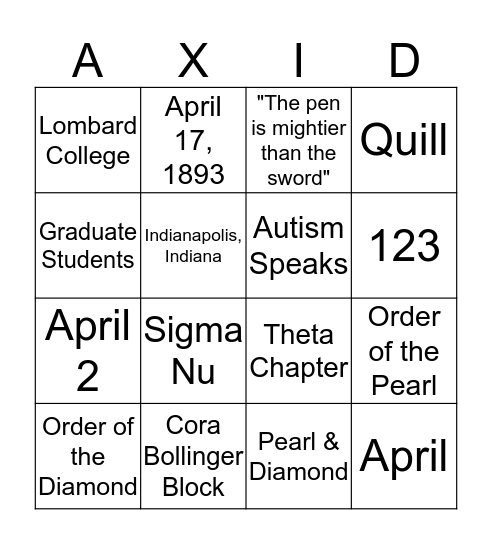Alpha Xi Delta History BINGO Card