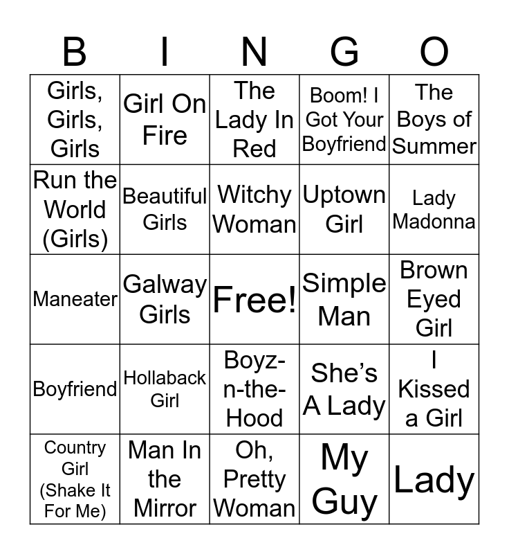 Boys Vs Girls Bingo Card