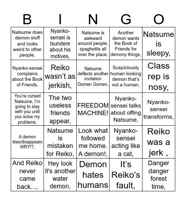 Natsume Bingo With Friends =) Bingo Card
