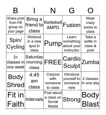 YMCA Group Fitness Bingo Card