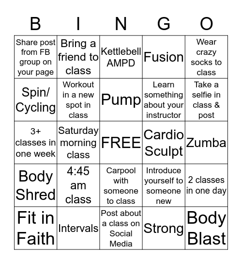 YMCA Group Fitness Bingo Card