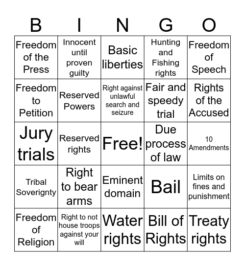 Know Your (Bill of) Rights Bingo! Bingo Card