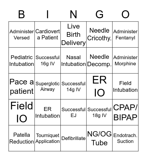 Paramedic Student Bingo Card