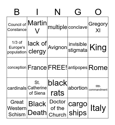 Black Plague and Great Western Schism Bingo Card