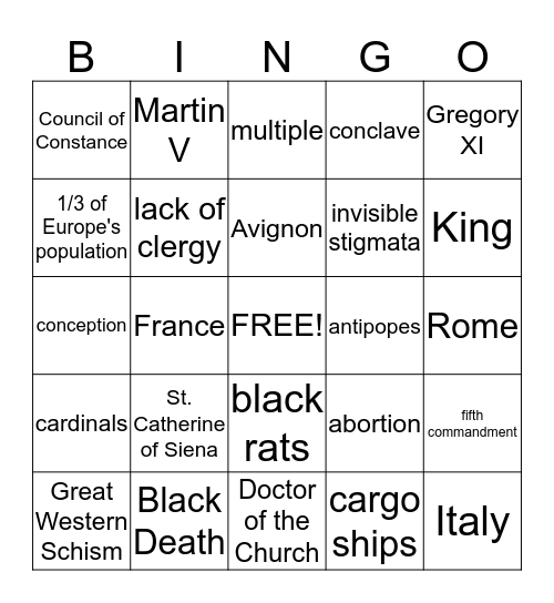 Black Plague and Great Western Schism Bingo Card