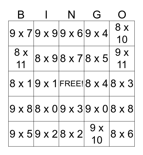 8 x and 9 x table Bingo Card