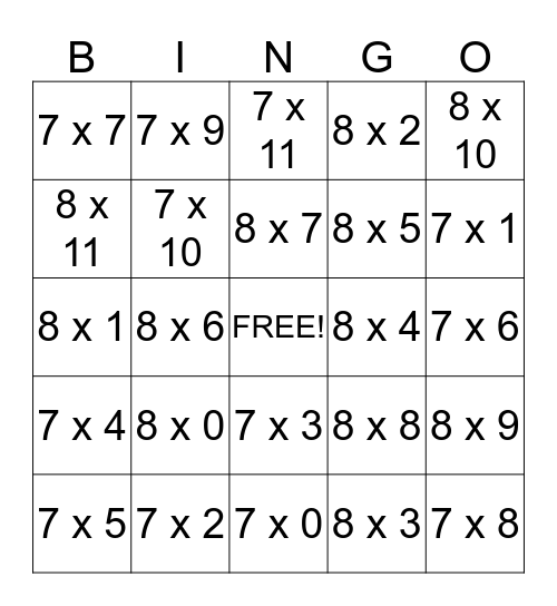 7 x  and  8 x table Bingo Card
