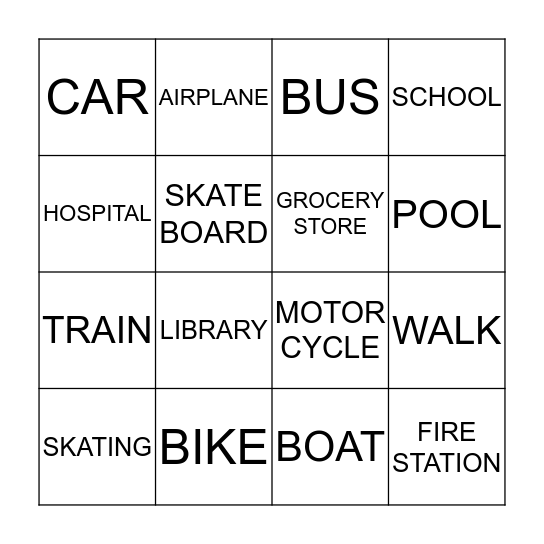 Transportation Bingo! Bingo Card